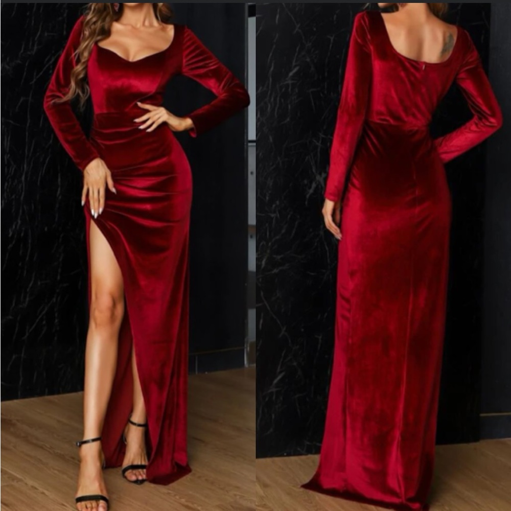 Luxe plunging V neckline slit thigh long sleeve party velvet dress - Picture 8 of 12